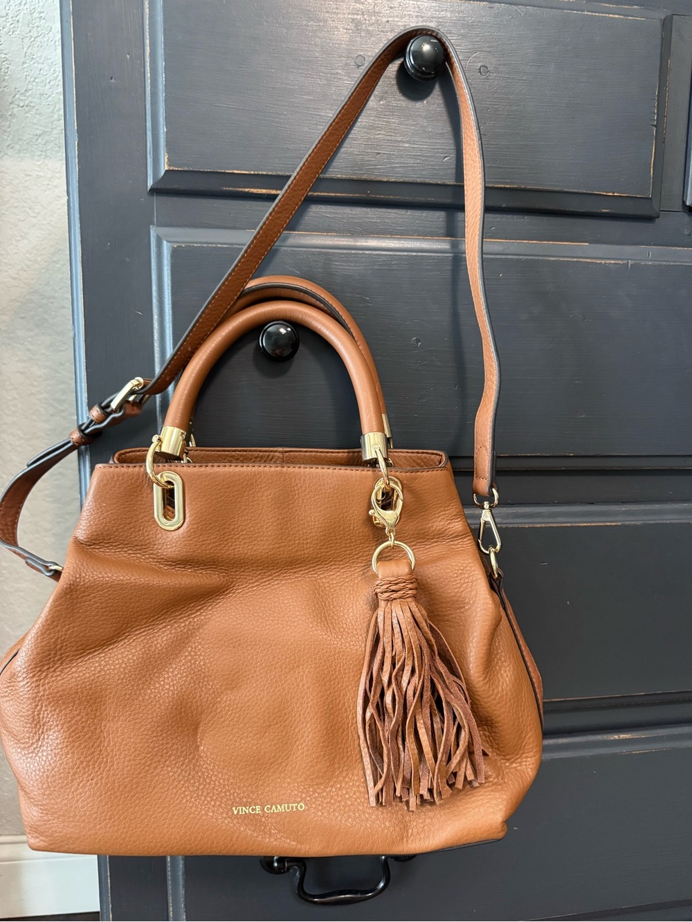 Vince Camuto Cognac Leather Tassel Satchel with Shoulder Strap
